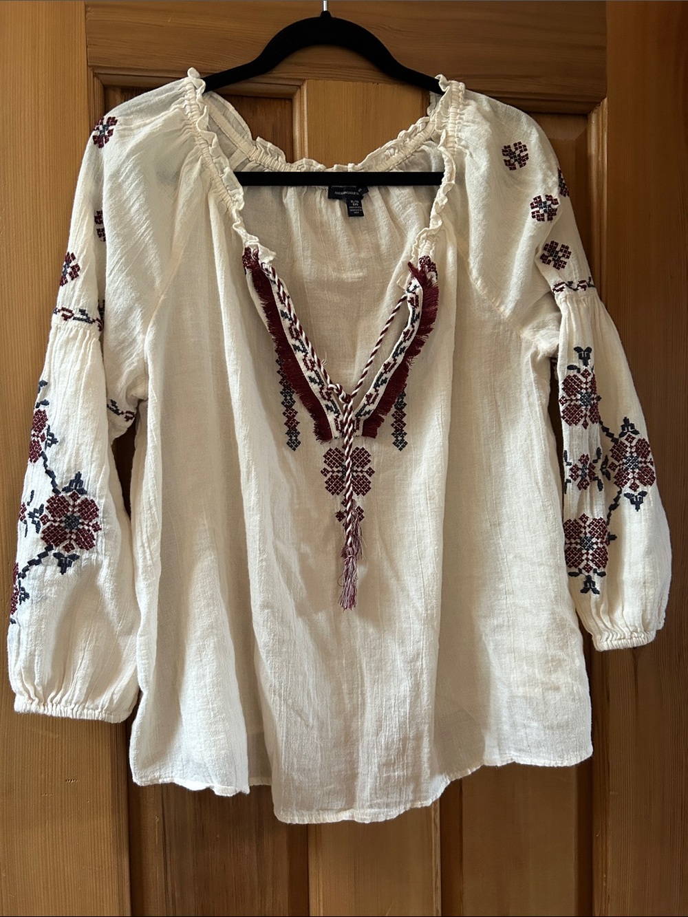American Eagle Cream Peasant Tunic with Burgundy Embroidery and Navy Accents